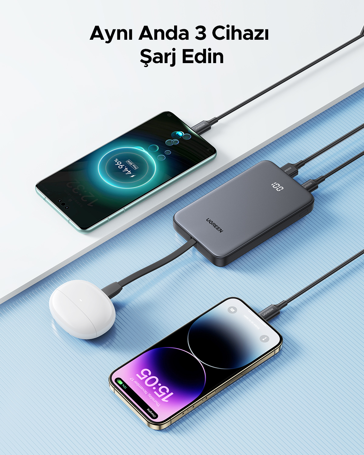 Gri UGREEN powerbank, iki akıllı telefon ve beyaz kulaklığı şarj ediyor.