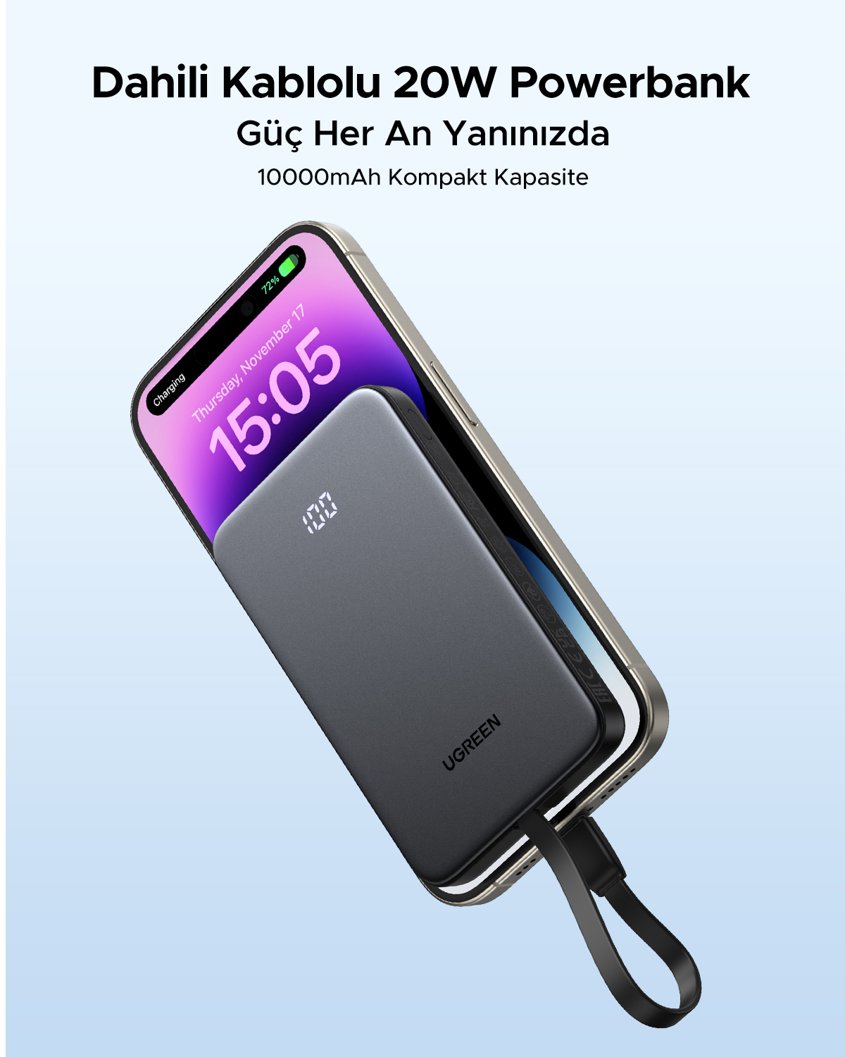 Gri powerbank telefonu şarj ediyor, %100 ve 15:05 gösteriyor.