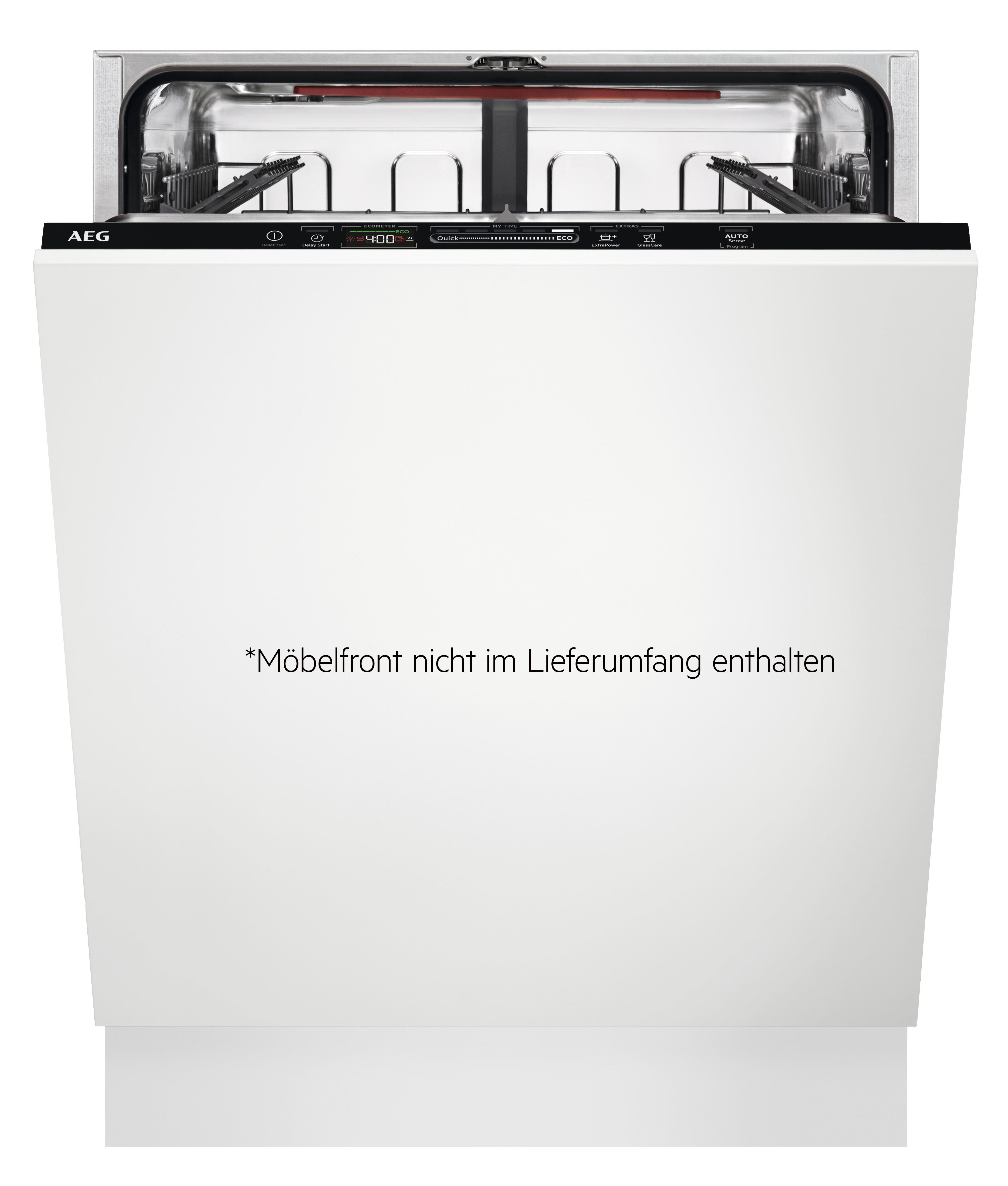 Eine weiße AEG Spülmaschine mit geöffneter Tür und Bedienfeld.