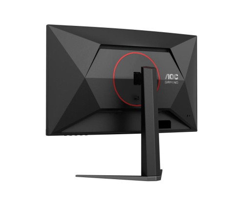 Parte trasera de un monitor AOC Gaming negro con círculo rojo y logo.