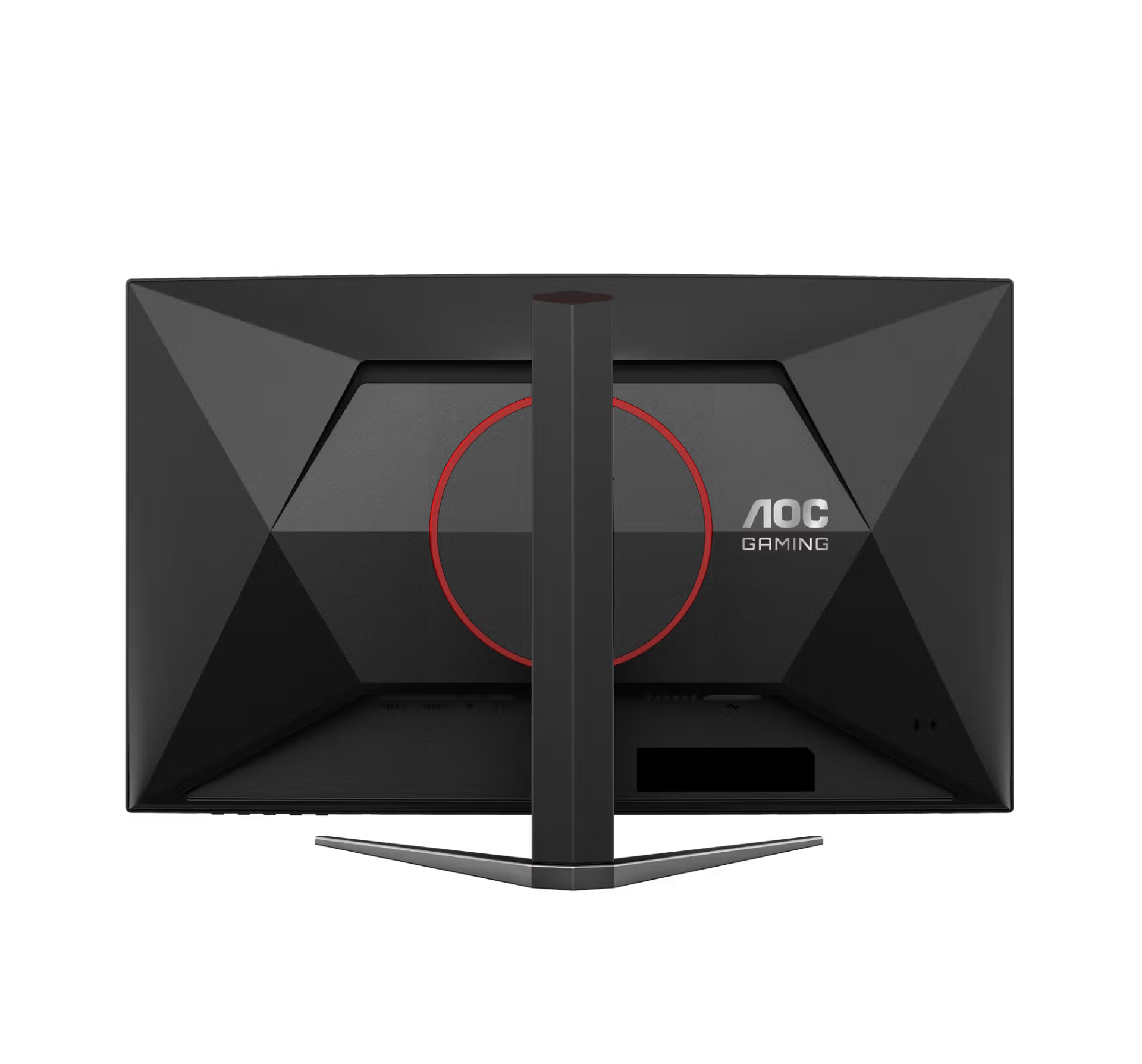 Reverso de un monitor gaming AOC negro con soporte plateado y detalle de círculo rojo.