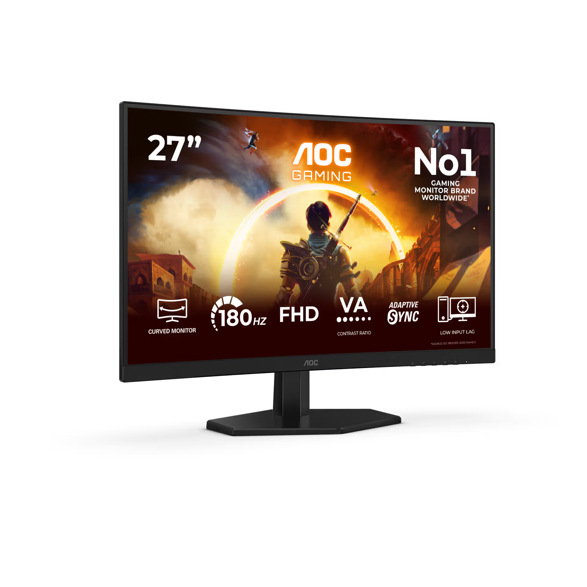 Un monitor gaming AOC de 27 pulgadas muestra un guerrero y características de juego.