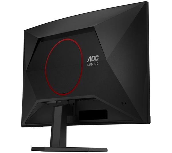 Parte trasera de un monitor AOC Gaming negro con círculo rojo y logo.