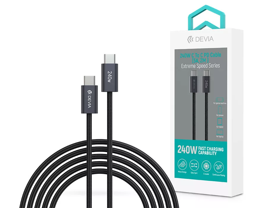 DEVIA Extreme Speed Series USB-C adat és töltőkábel, PD 240W, 2m, fekete (ST108721)