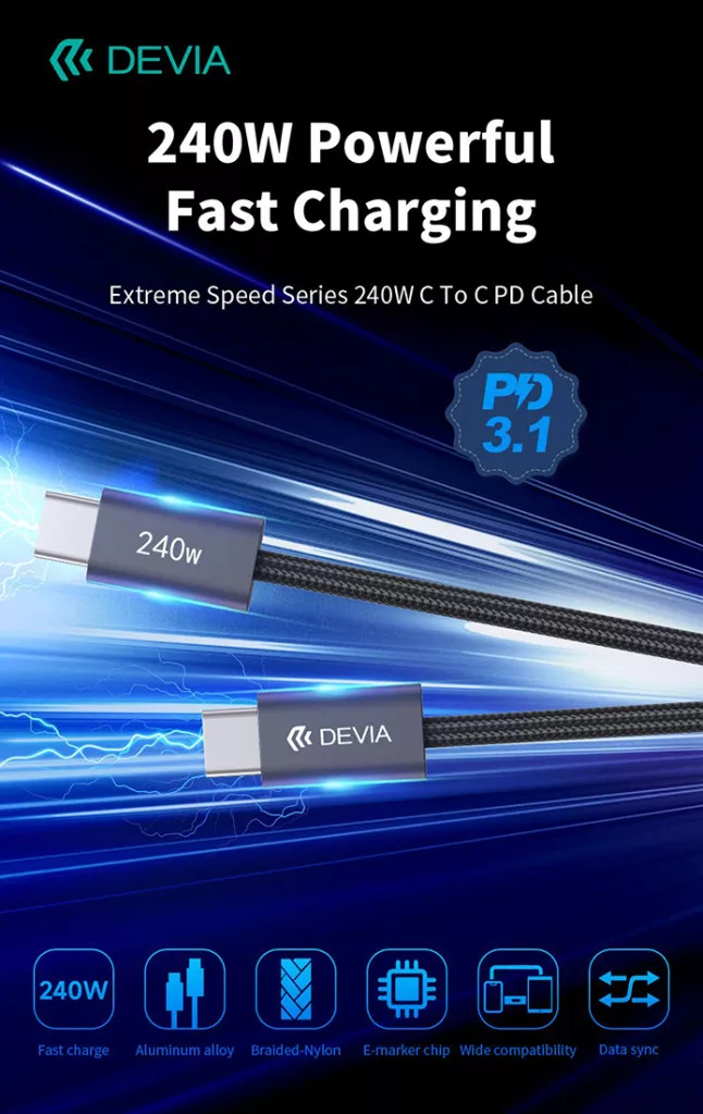 DEVIA 240W töltőkábel két USB-C csatlakozóval, PD 3.1.