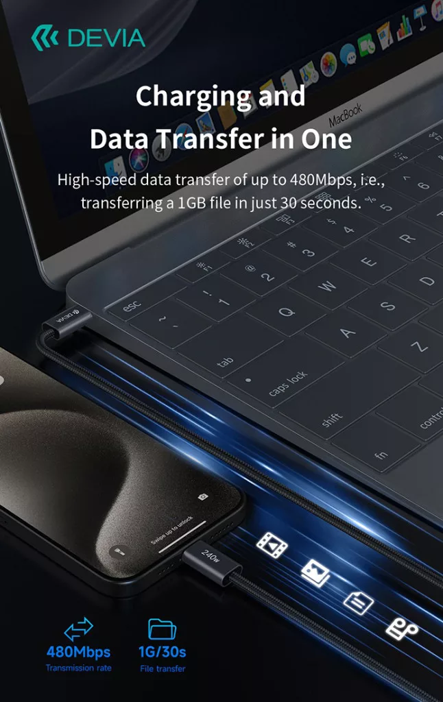 Okostelefon és MacBook csatlakoztatva DEVIA kábelen. Adatátvitel.