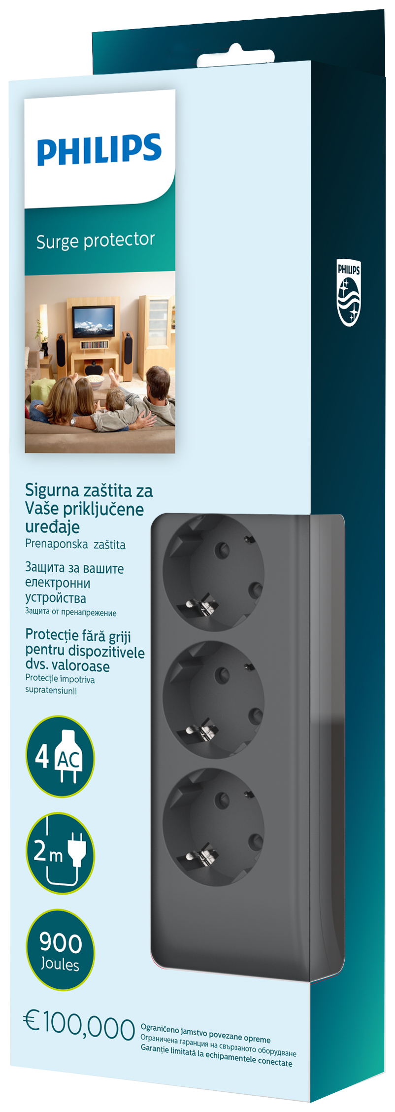 Philips túlfeszültségvédő 4 aljzattal, 2m kábellel, 900 Joule.
