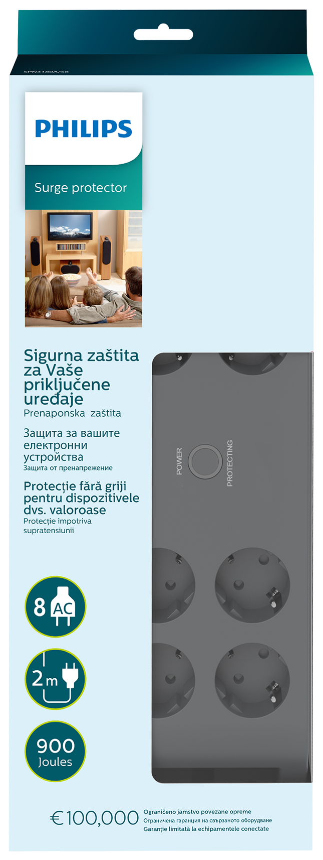 Philips túlfeszültségvédő, 8 aljzattal, 2m kábellel, 900 Joule, 100.000€ garanciával.