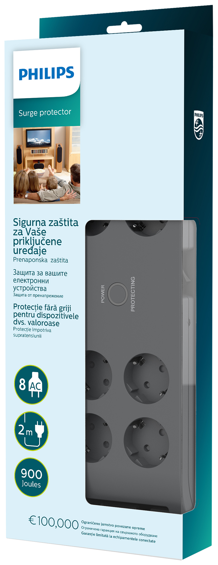 Philips túlfeszültségvédő: 8 aljzat, 2m kábel, 900 joule, 100.000€ garancia.