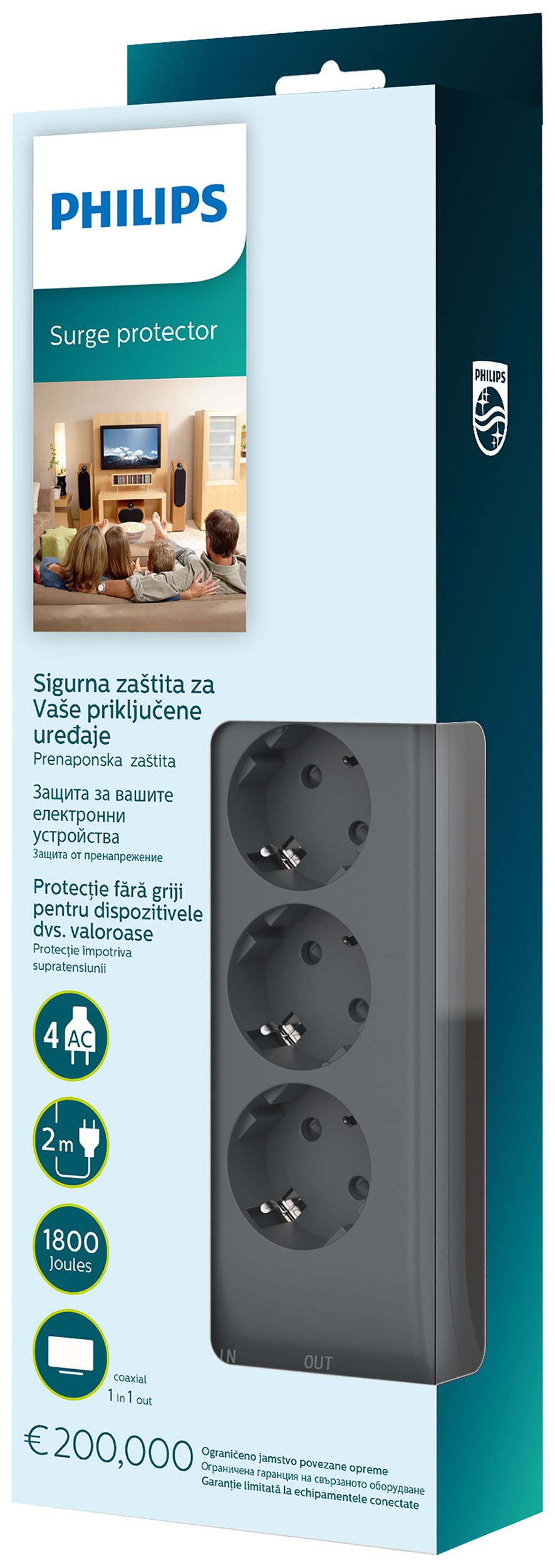 Philips túlfeszültségvédő: 4 aljzat, 2m kábel, 1800 Joule, koax.