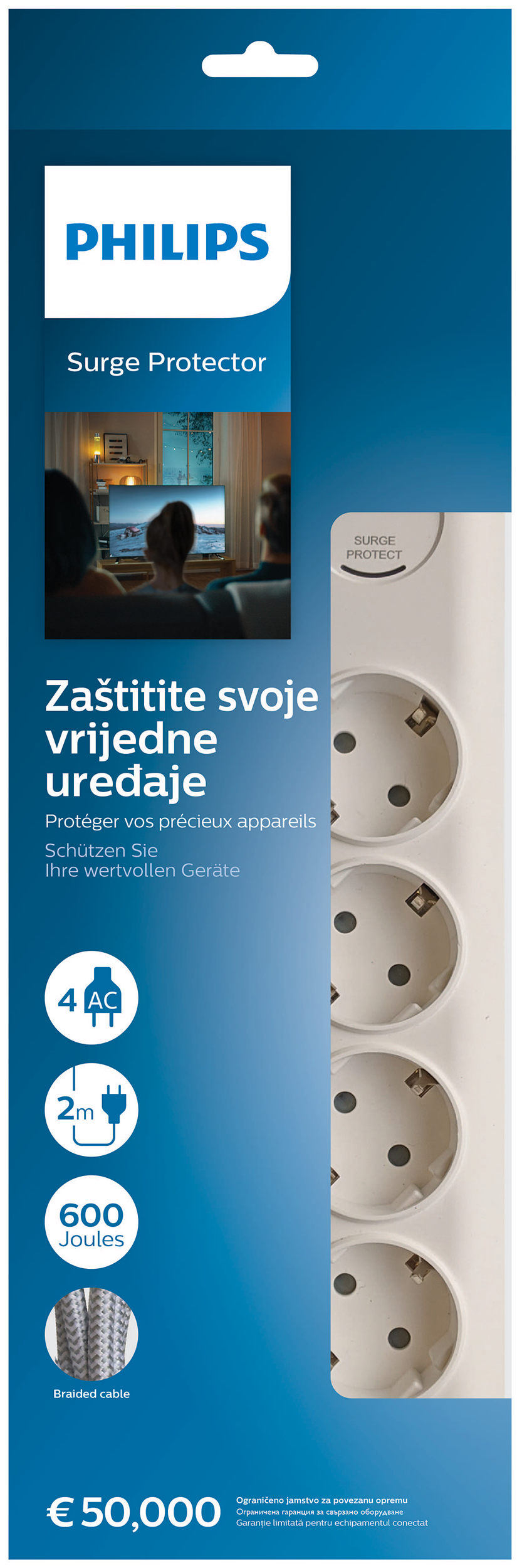 Philips túlfeszültségvédő: 4 aljzat, 2m kábel, 600 Joule, fonott kábel.