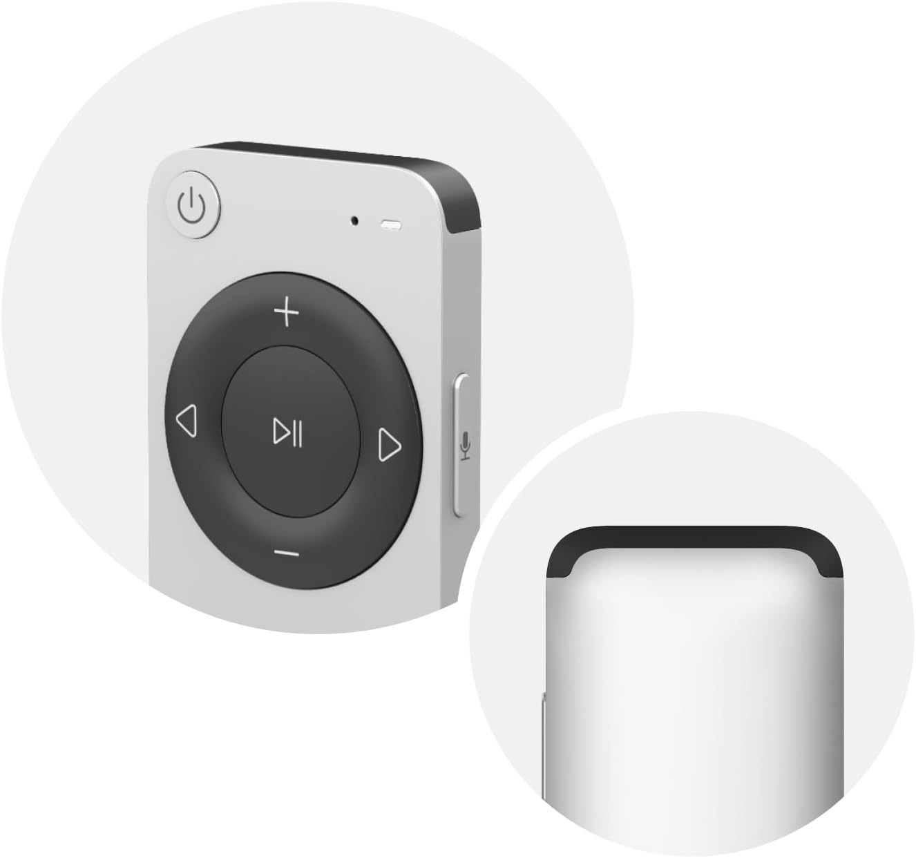 Un lecteur MP3 blanc avec boutons : Marche/Arrêt, Volume, Lecture/Pause, Avance/Retour.