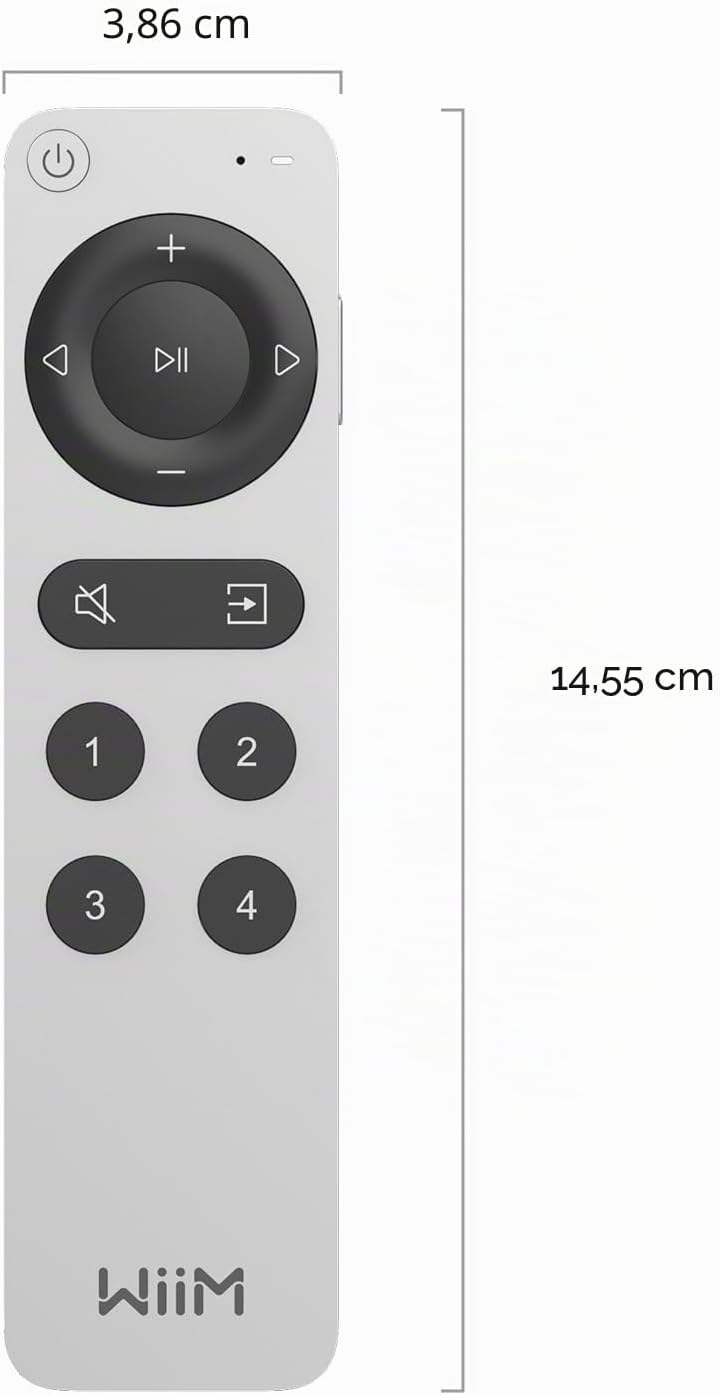 Une télécommande de couleur claire avec des boutons noirs pour la lecture, le volume et les chiffres.