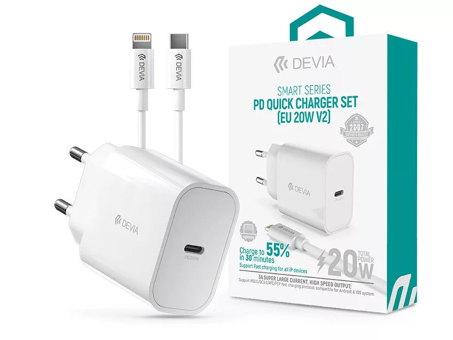 DEVIA Smart Series hálózati gyorstöltő adapter kábellel, PD 20W, USB-C Lightning, fehér (ST383847)