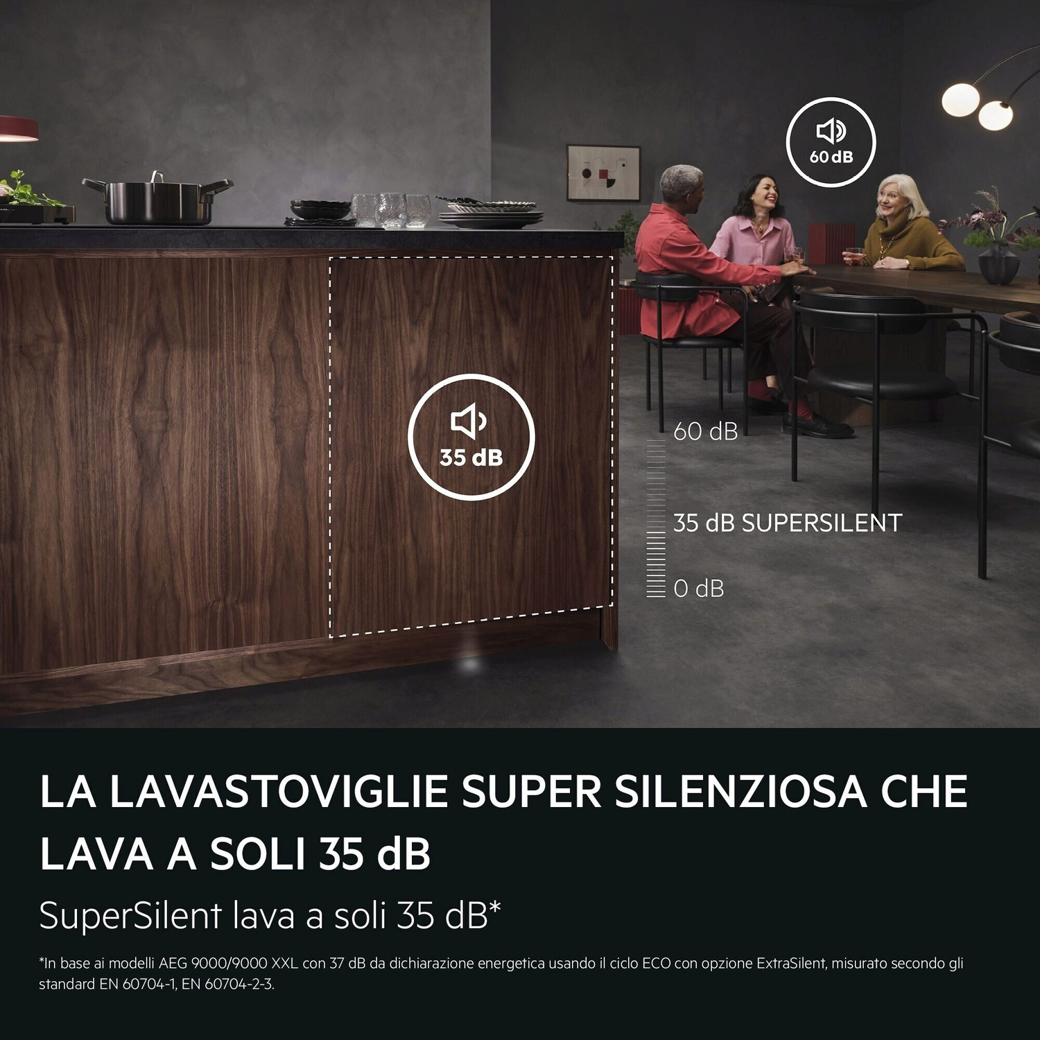 Cucina con mobili in legno, tre donne a tavola, lavastoviglie silenziosa.
