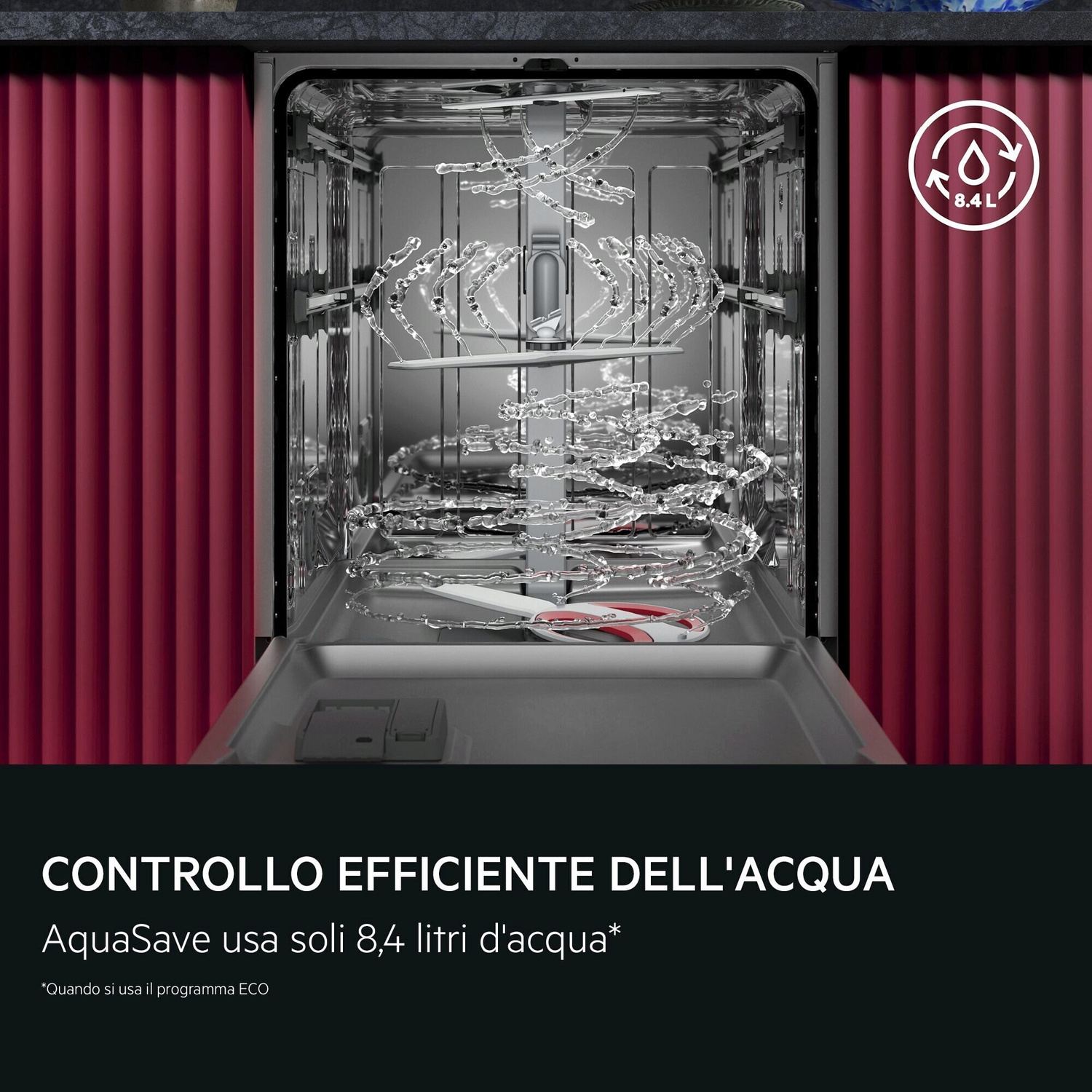 Interno di una lavastoviglie con getti d'acqua e pannelli rossi.