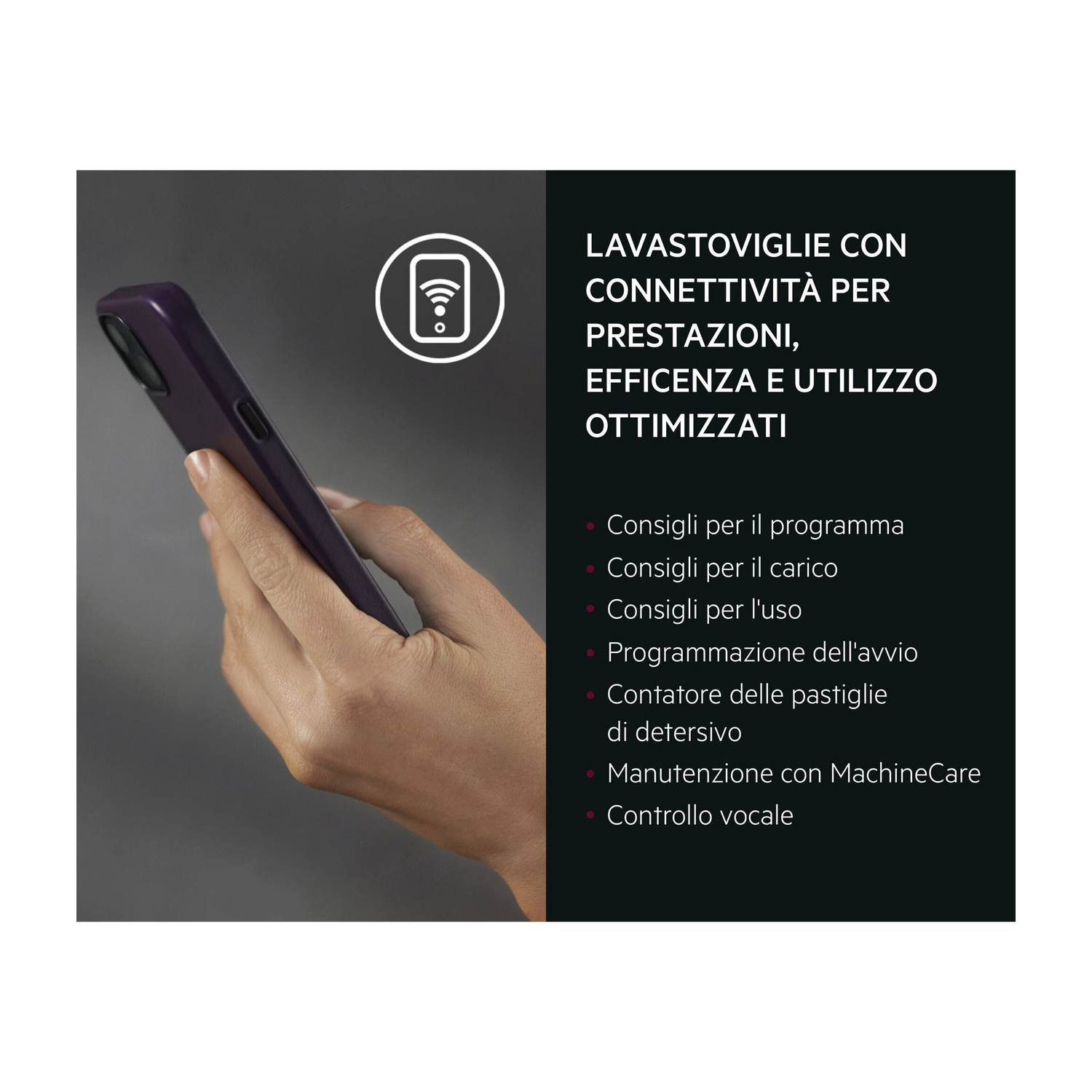 Mano tiene smartphone con icona Wi-Fi. Testo su lavastoviglie connesse.