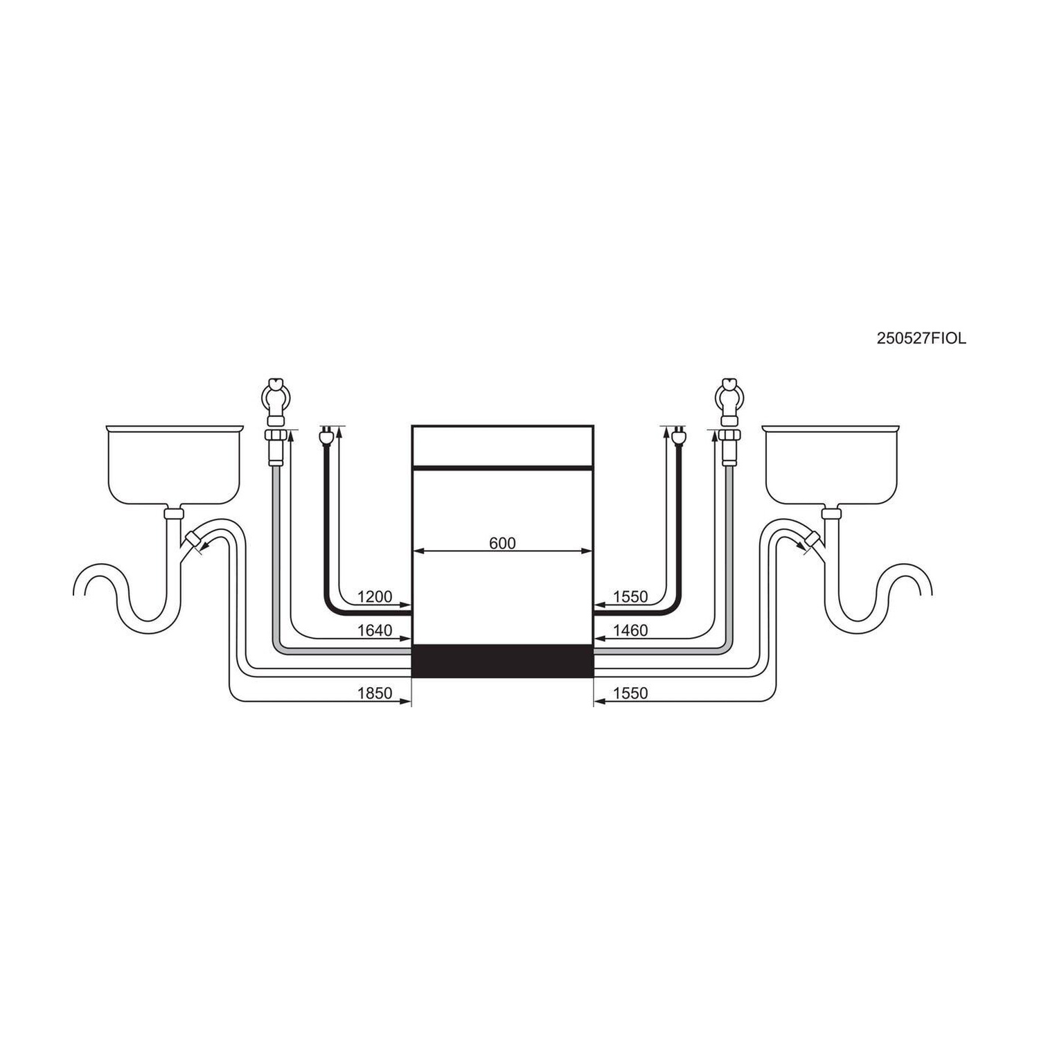 Disegno tecnico di un'installazione lavello con dimensioni.