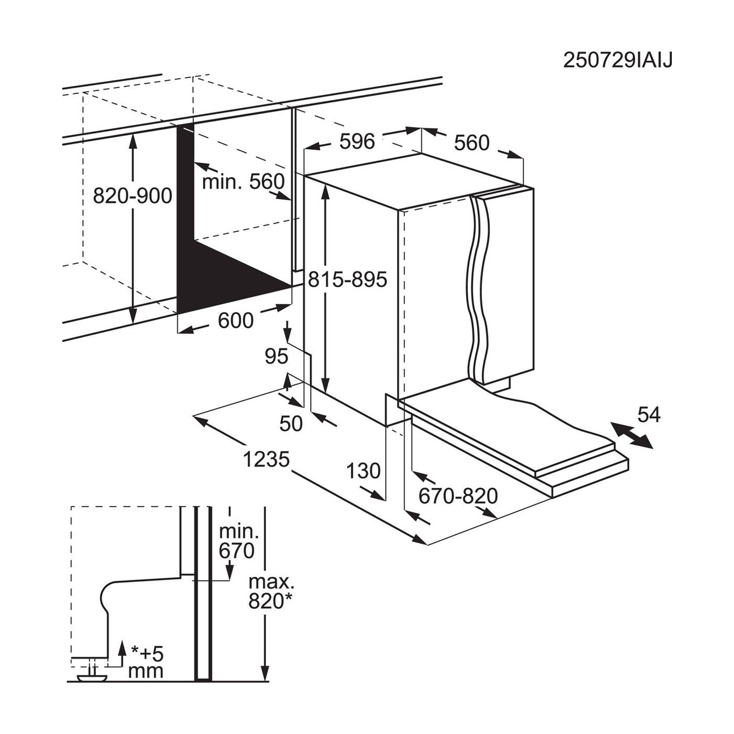 Disegno tecnico con dimensioni per elettrodomestici da incasso.