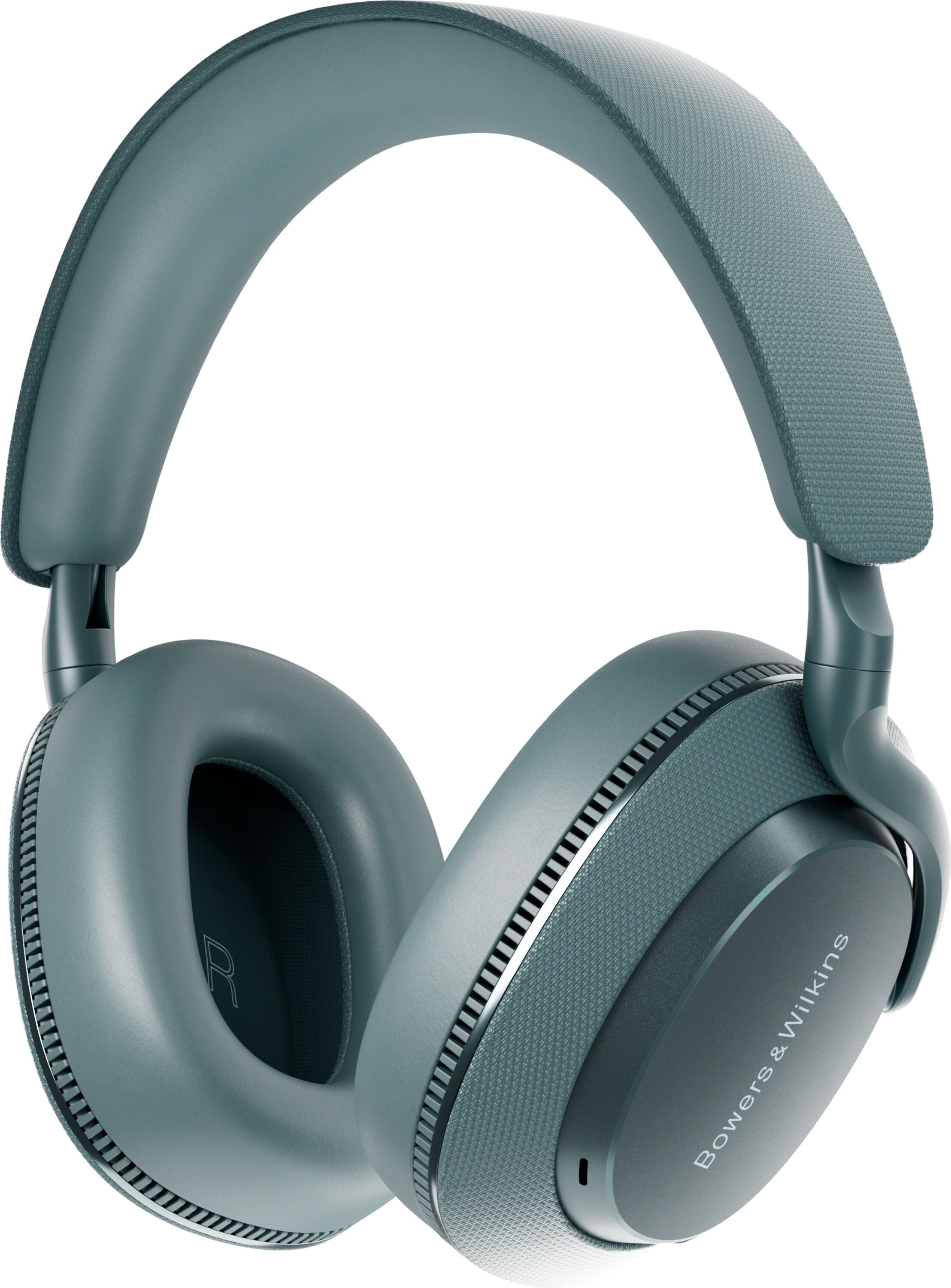 Tealowe słuchawki Bowers & Wilkins z wyściełanymi nausznikami i teksturowanym pałąkiem.