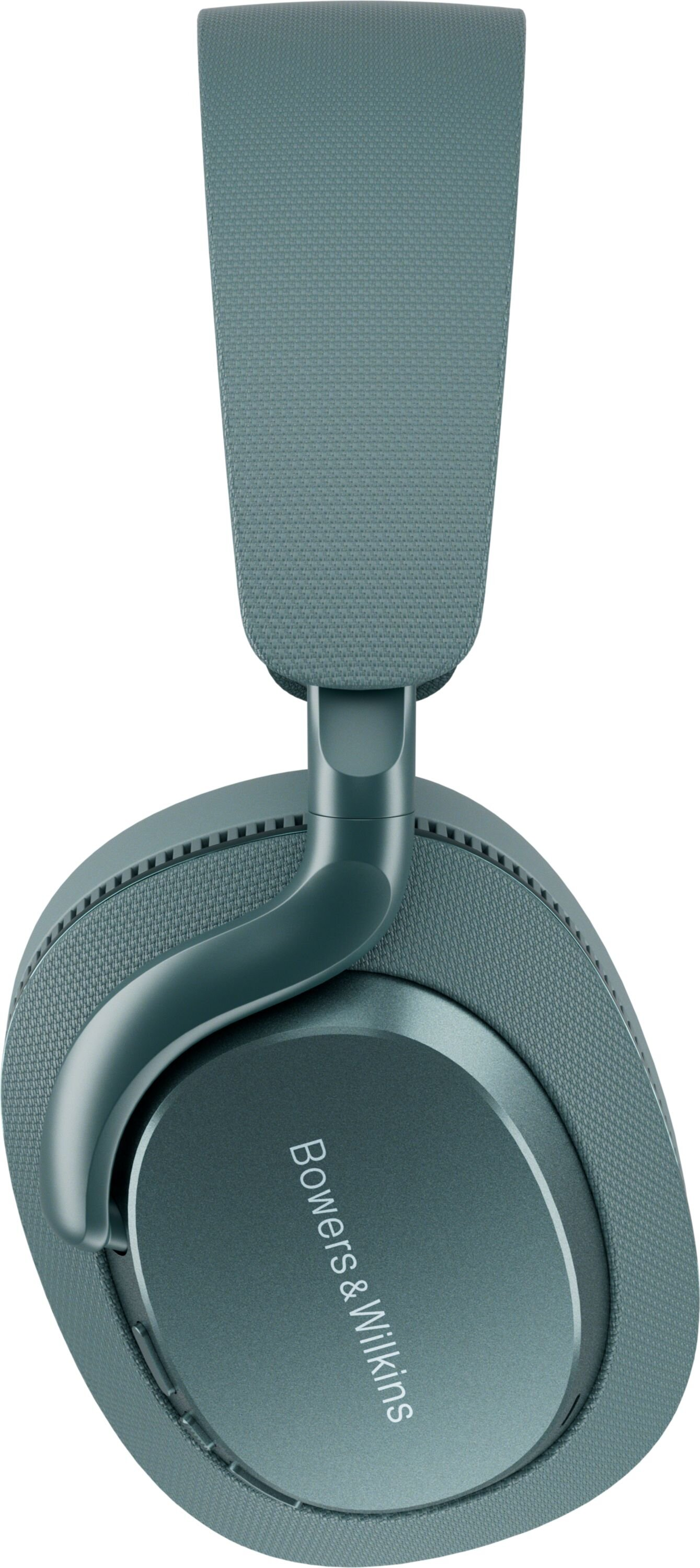 Niebieskie słuchawki z logo Bowers & Wilkins na nauszniku.