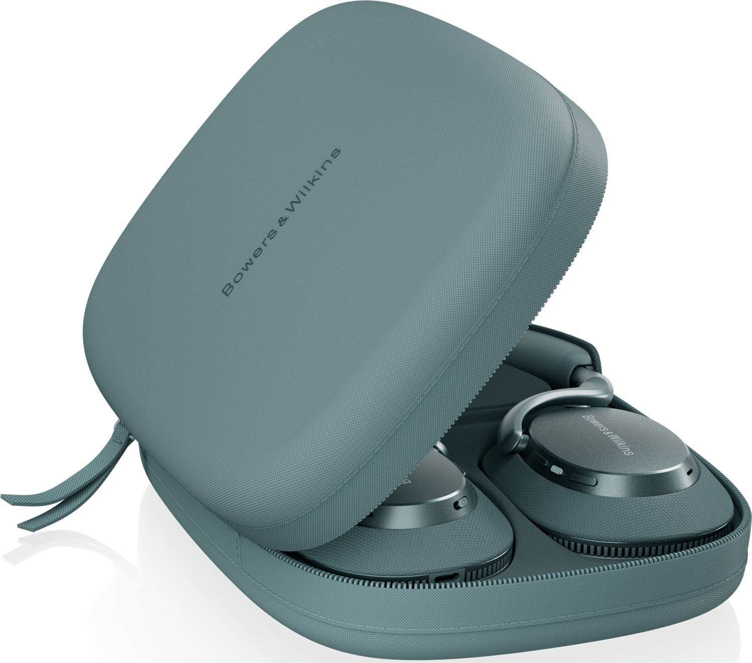 Szara walizka na słuchawki Bowers & Wilkins z otwartą pokrywą, ukazująca słuchawki w środku.