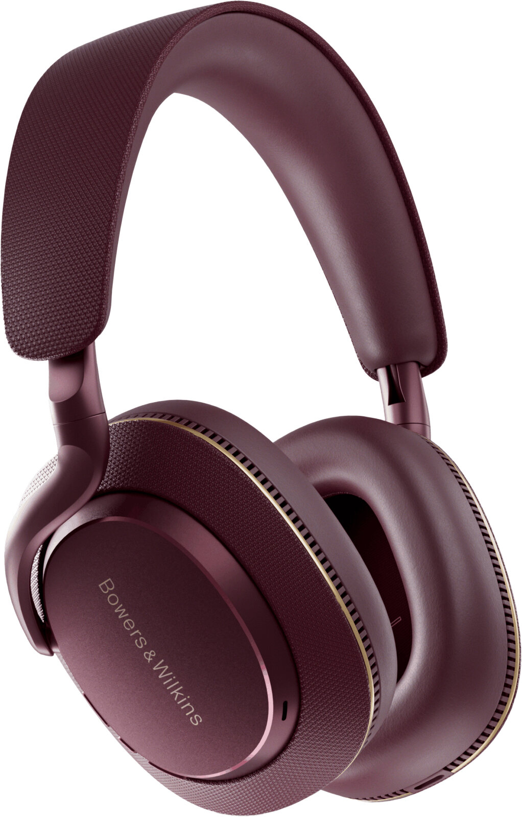 Bordowe słuchawki Bowers & Wilkins ze złotym wykończeniem i teksturowanymi nausznikami.