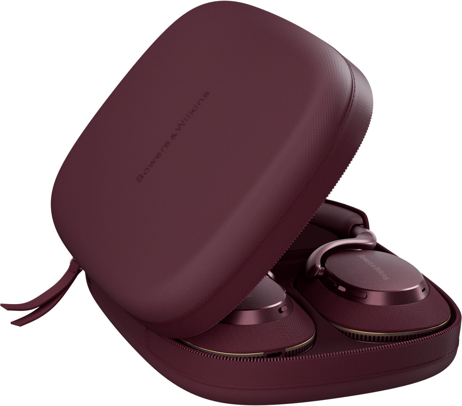 Bordowe słuchawki z logo Bowers & Wilkins w dopasowanym etui.