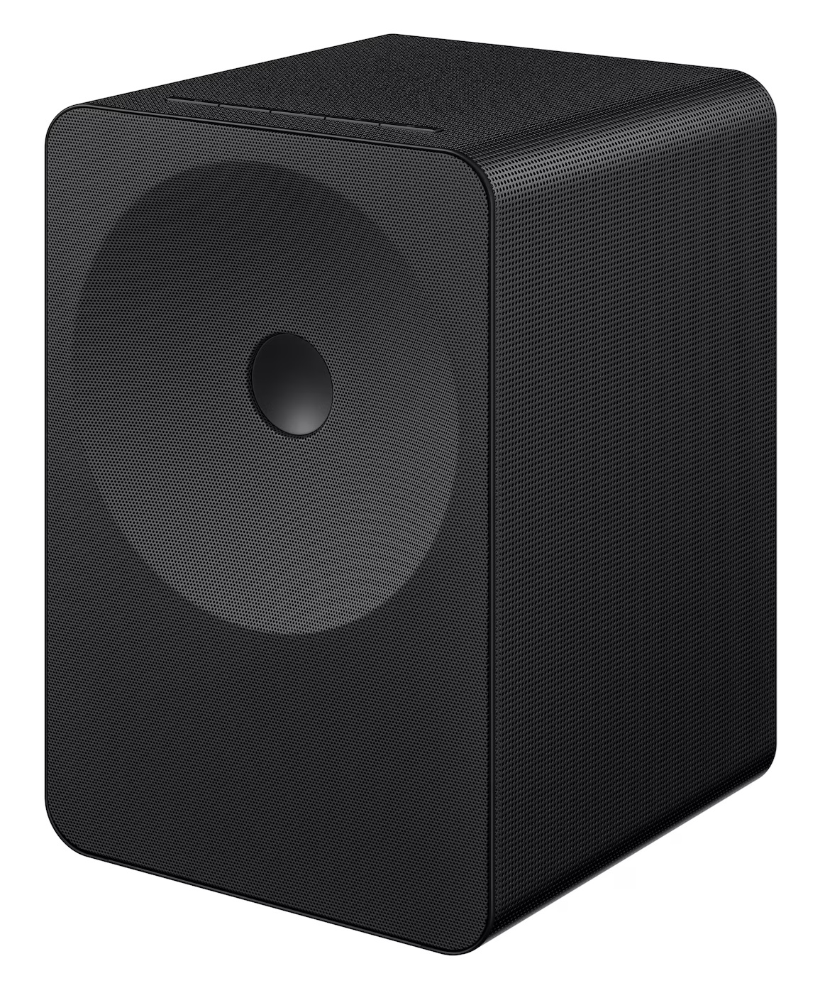 Czarny subwoofer w kształcie sześcianu z okrągłą membraną i małym środkowym kółkiem.
