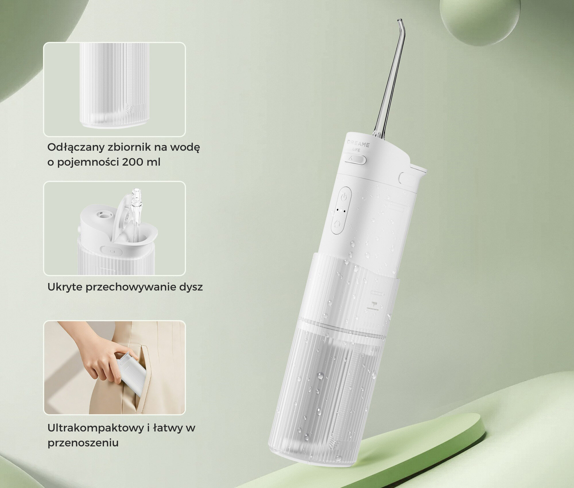 Biała, przenośna irygator do ust z odpinanym zbiornikiem na wodę 200 ml.