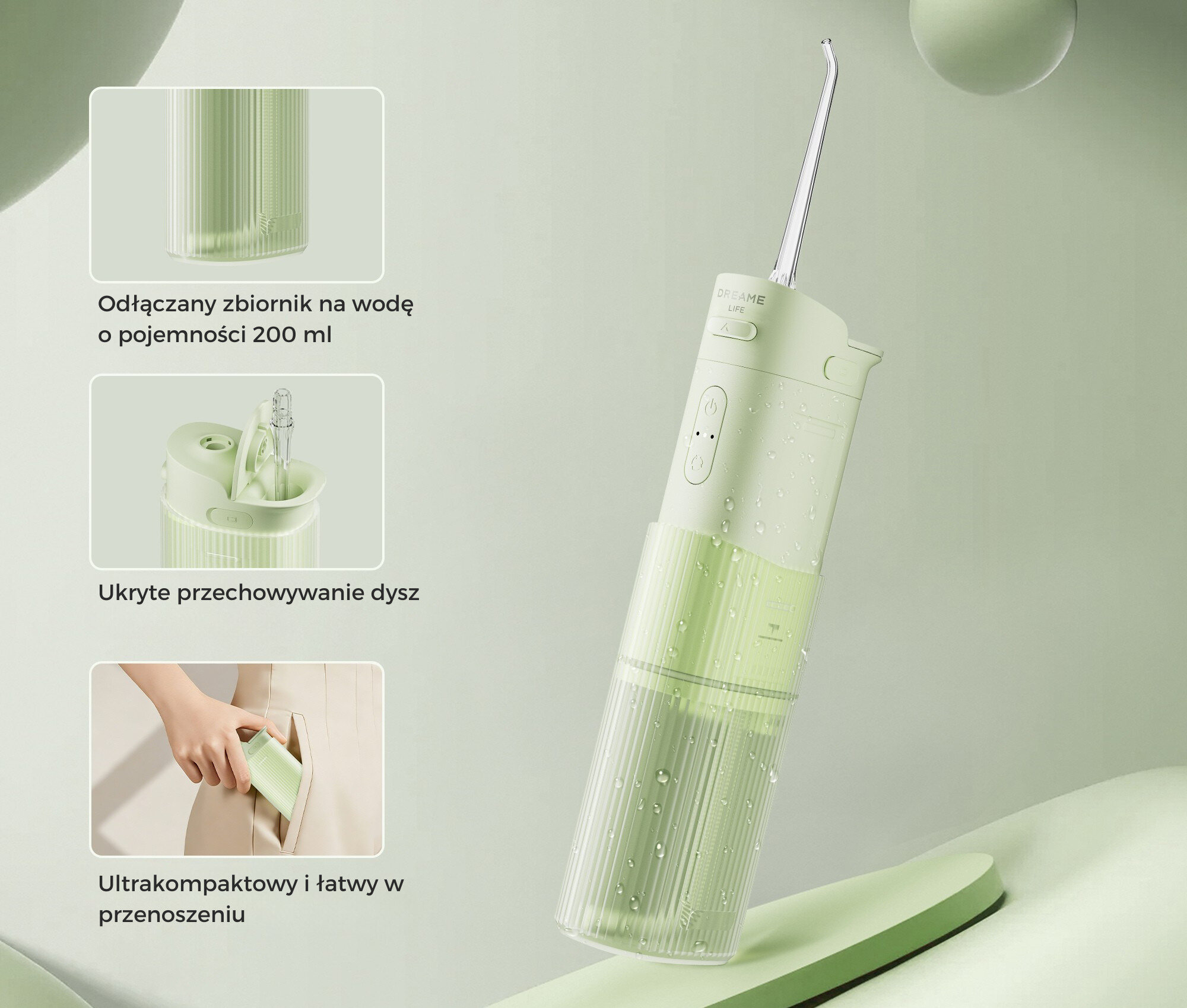 Zielona irygator do ust z odłączanym zbiornikiem na wodę 200 ml.