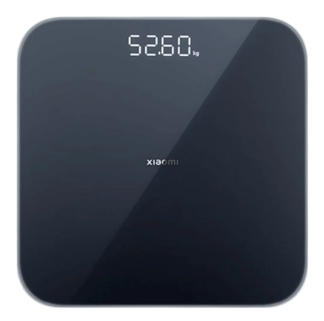 Ciemna waga Xiaomi wyświetlająca cyfrowo 52,60 kg.