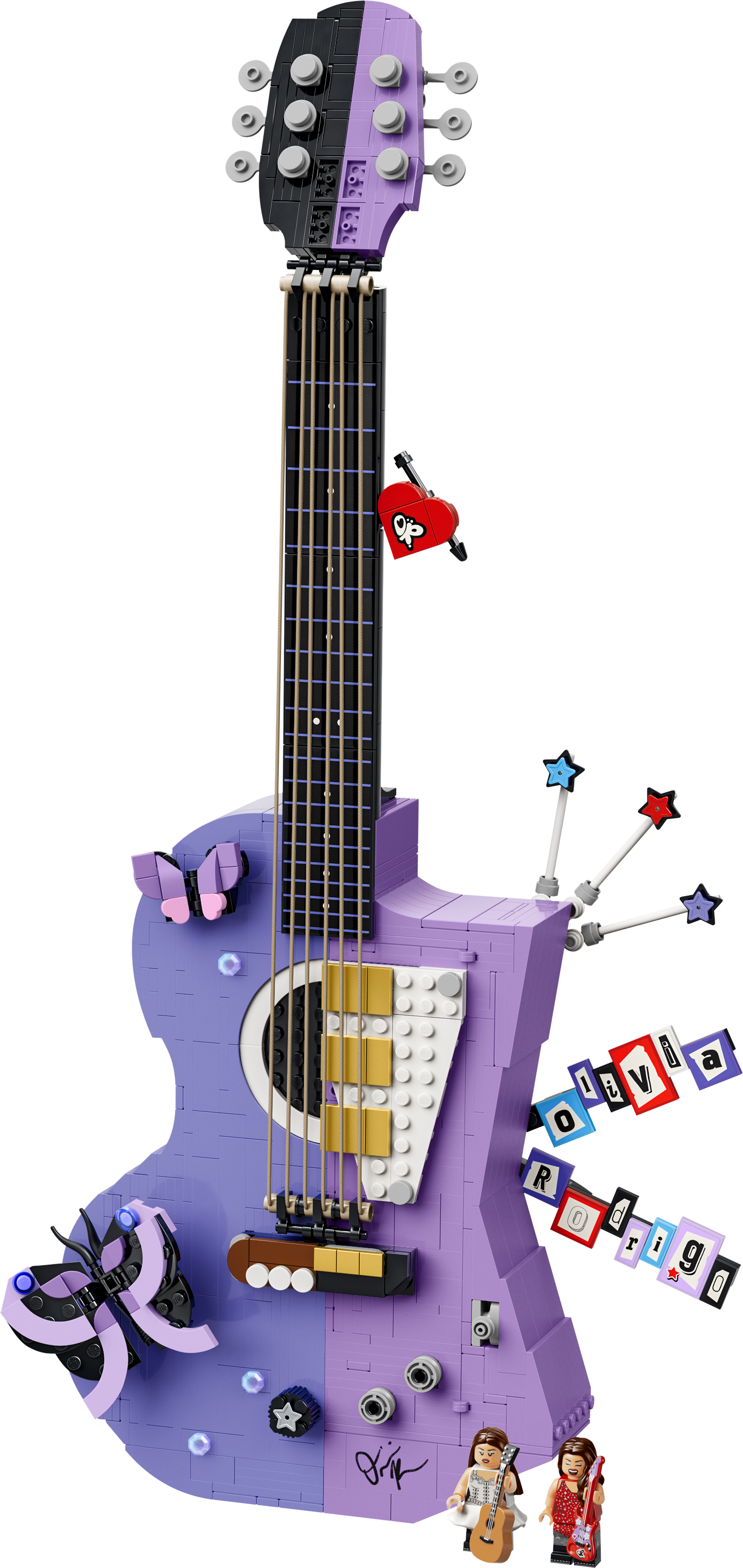 Lila Lego-Gitarre mit schwarzen Elementen, Schmetterlingen und Musikfiguren.