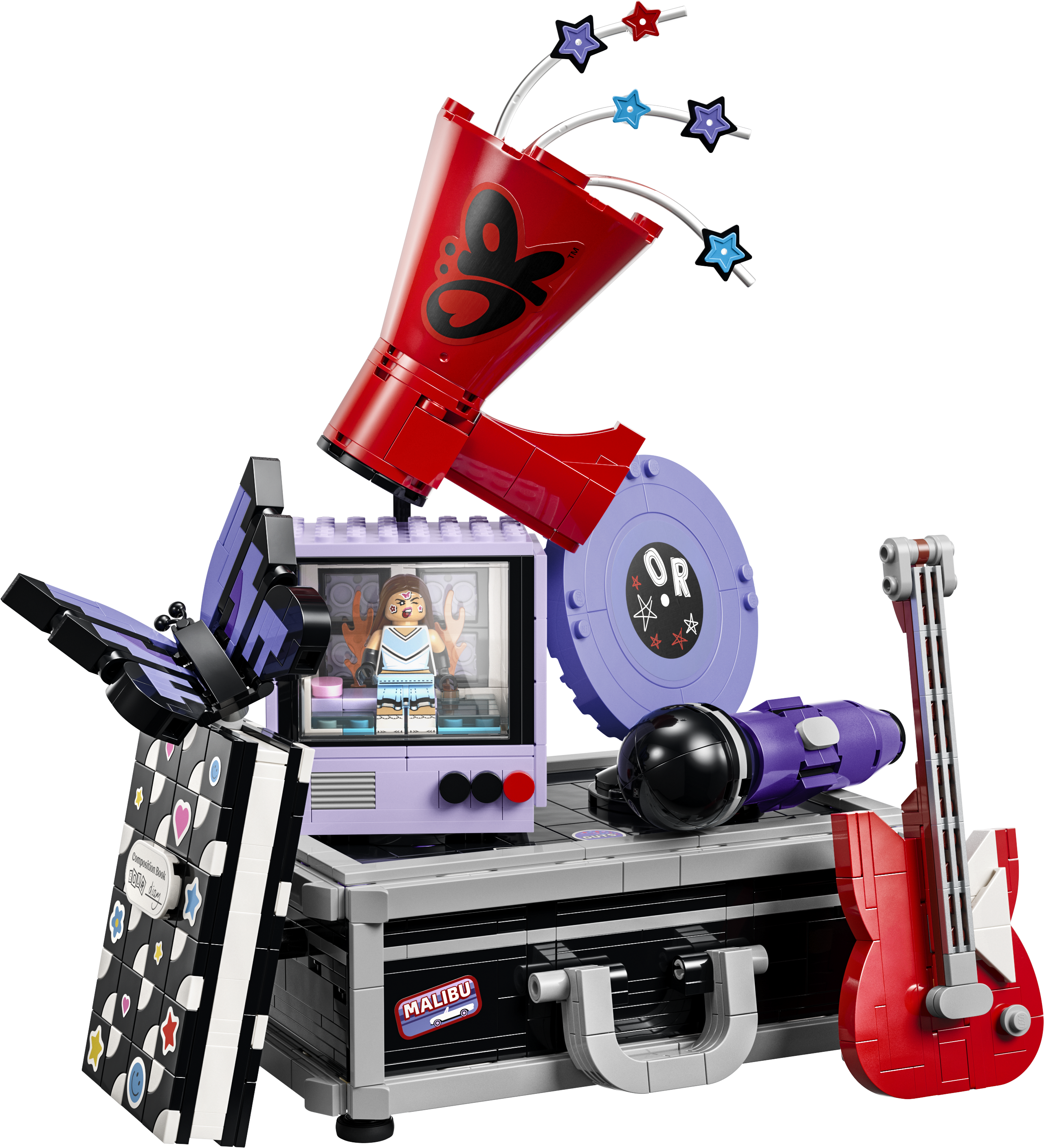 Lego-Bühnen-Set mit Gitarre, Mikrofon, Fernseher, Megafon und Schmetterlingsdesign.