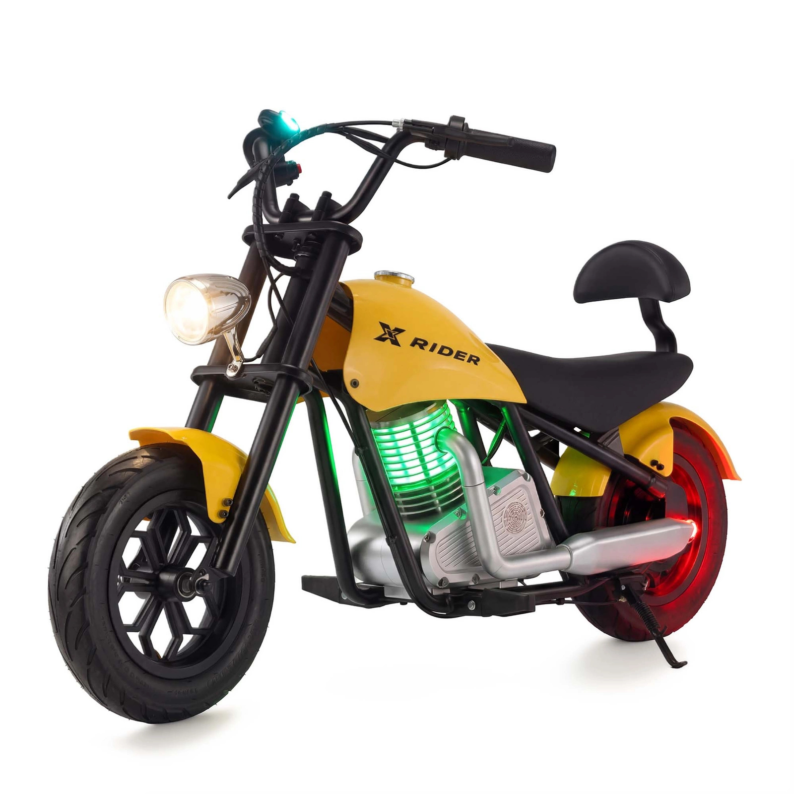 Żółty motocykl X Rider z zielonym podświetlanym silnikiem i czerwoną lampką.
