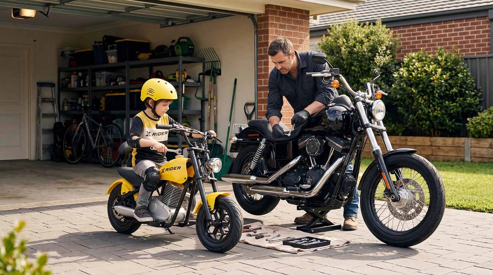Mężczyzna naprawia motocykl, podczas gdy chłopiec siedzi na żółtym motocyklu zabawką.