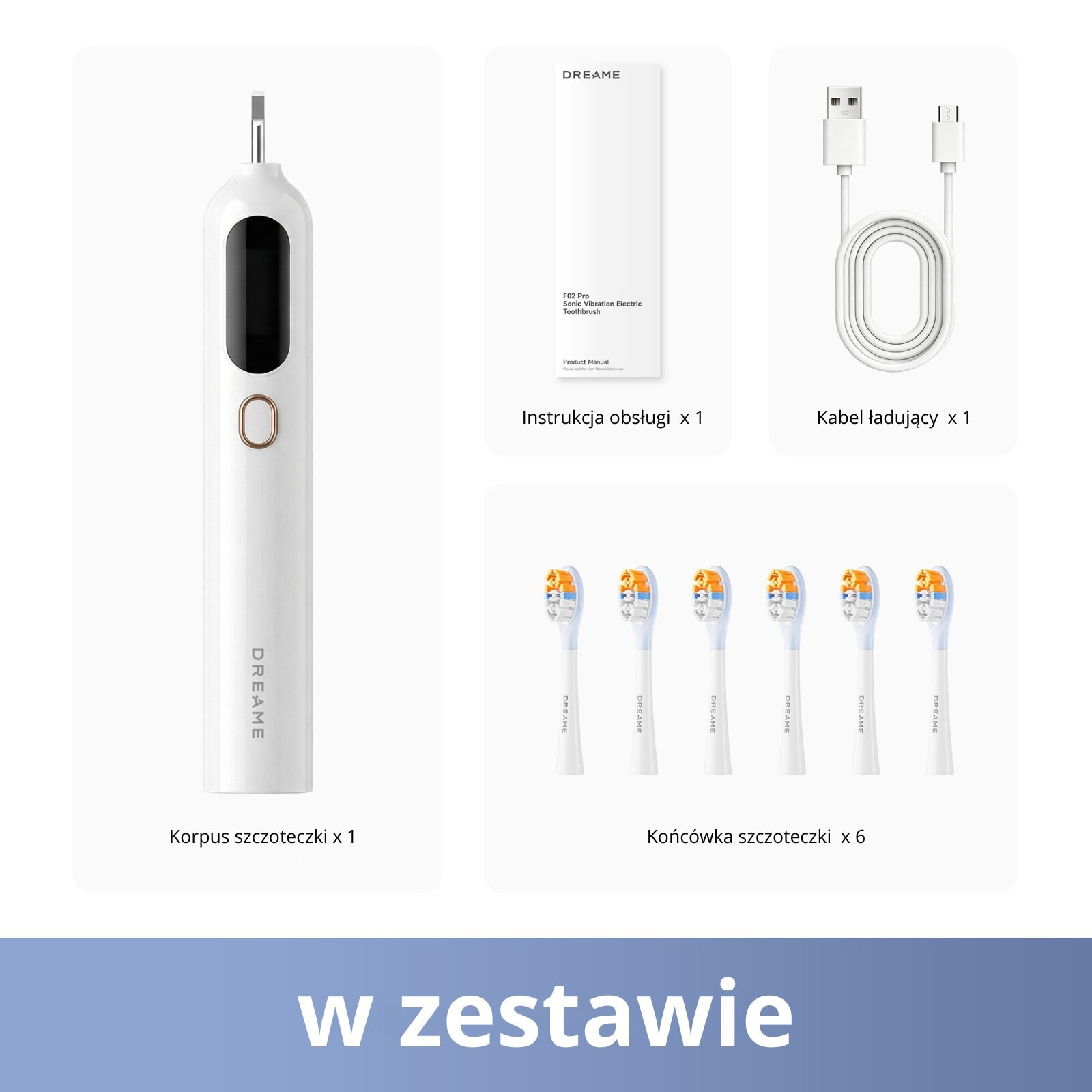 Biały korpus szczoteczki elektrycznej, kabel ładujący, instrukcja i sześć końcówek.