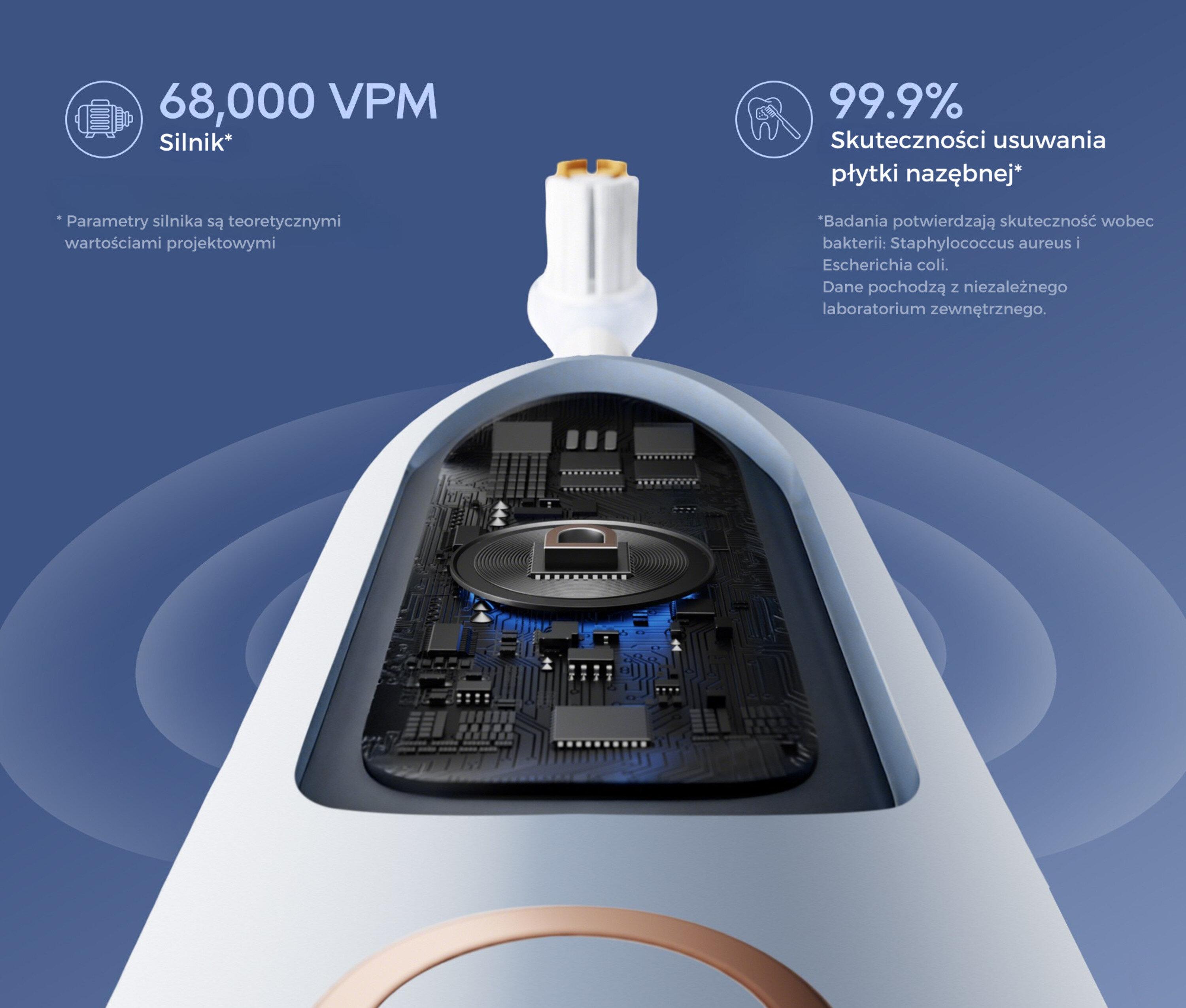 Zbliżenie obwodu elektrycznego szczoteczki. Silnik 68 000 VPM.