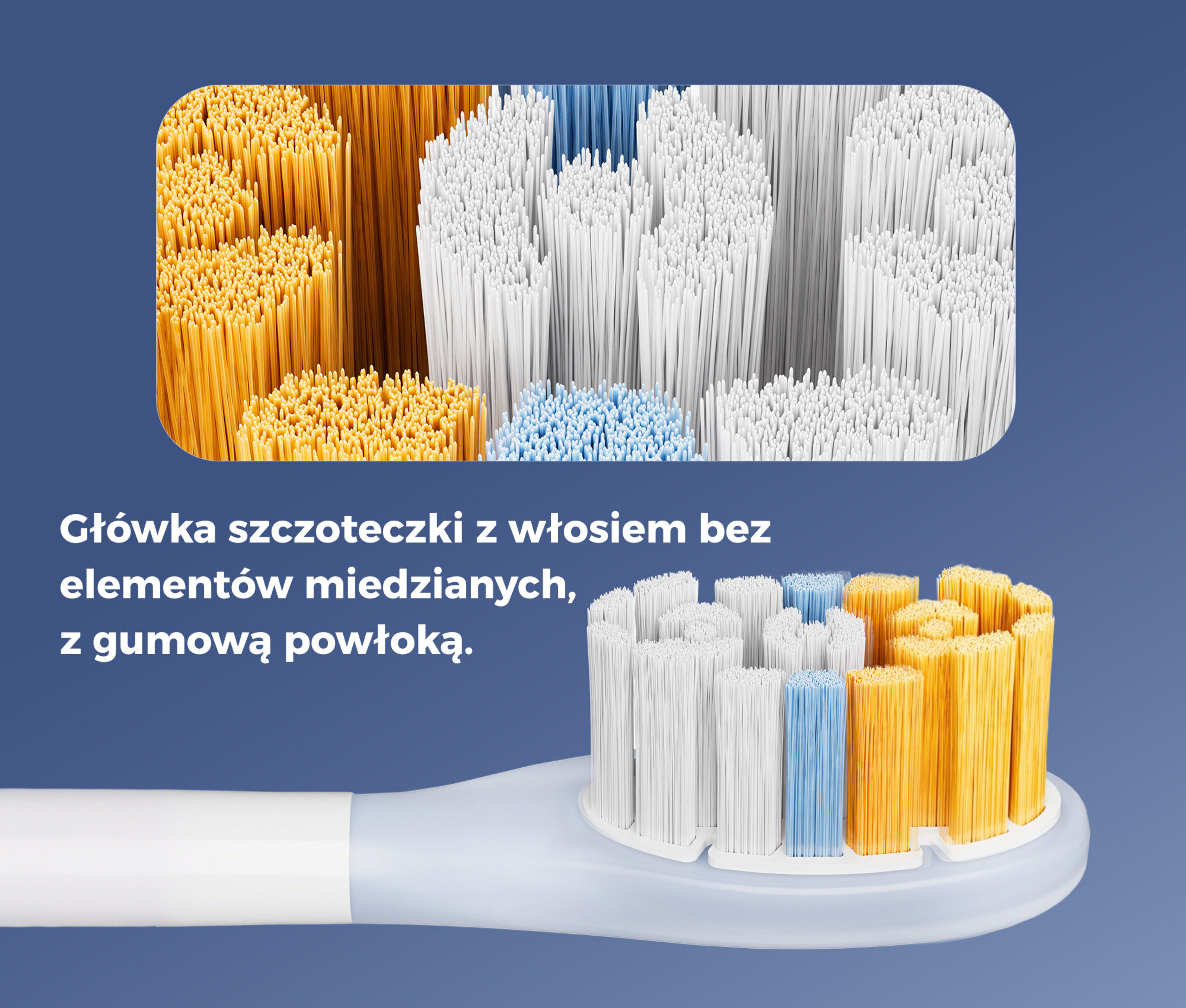 Zbliżenie główki szczoteczki do zębów z białymi, niebieskimi i żółtymi włoskami.