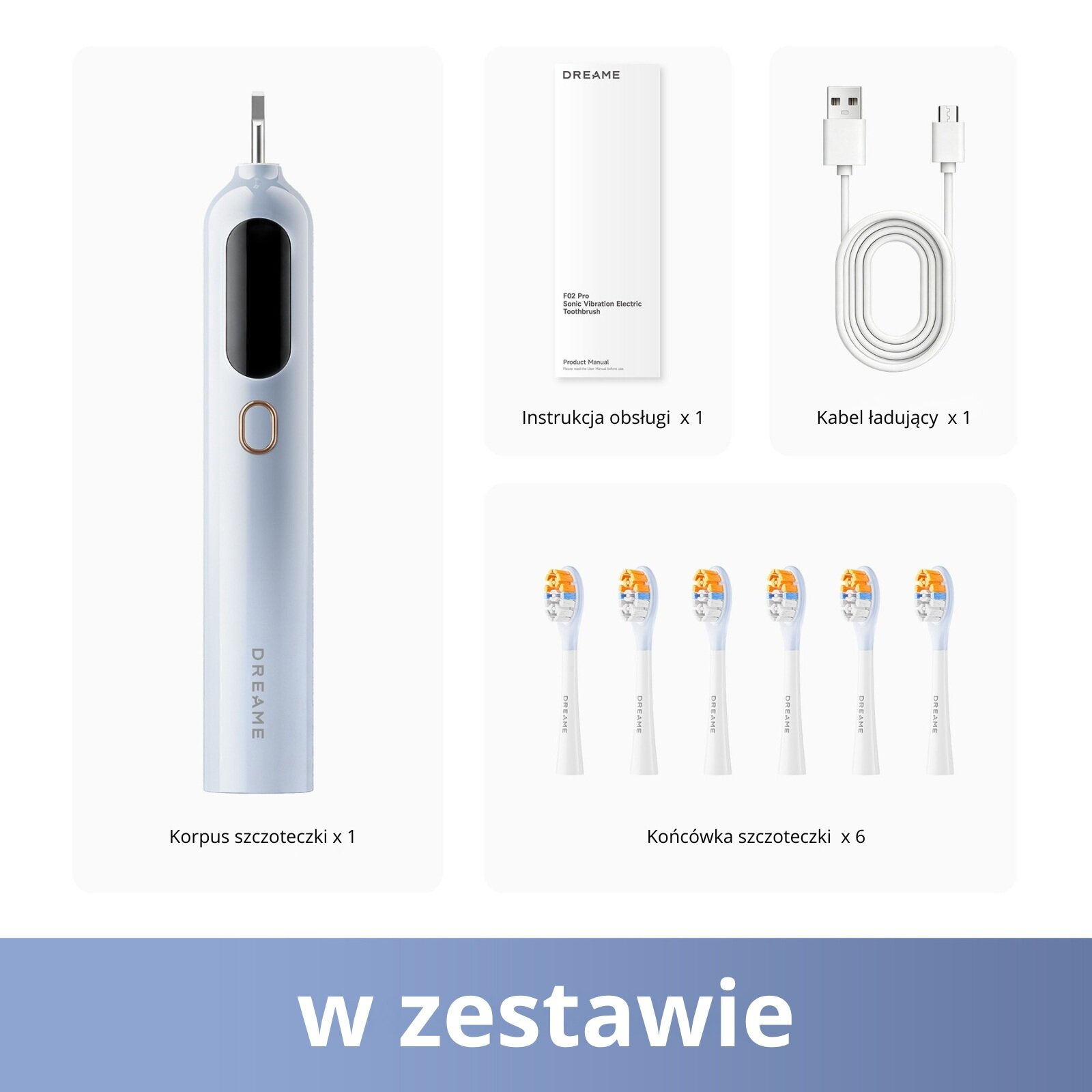 Biały uchwyt szczoteczki, kabel ładowania, instrukcja i sześć końcówek.