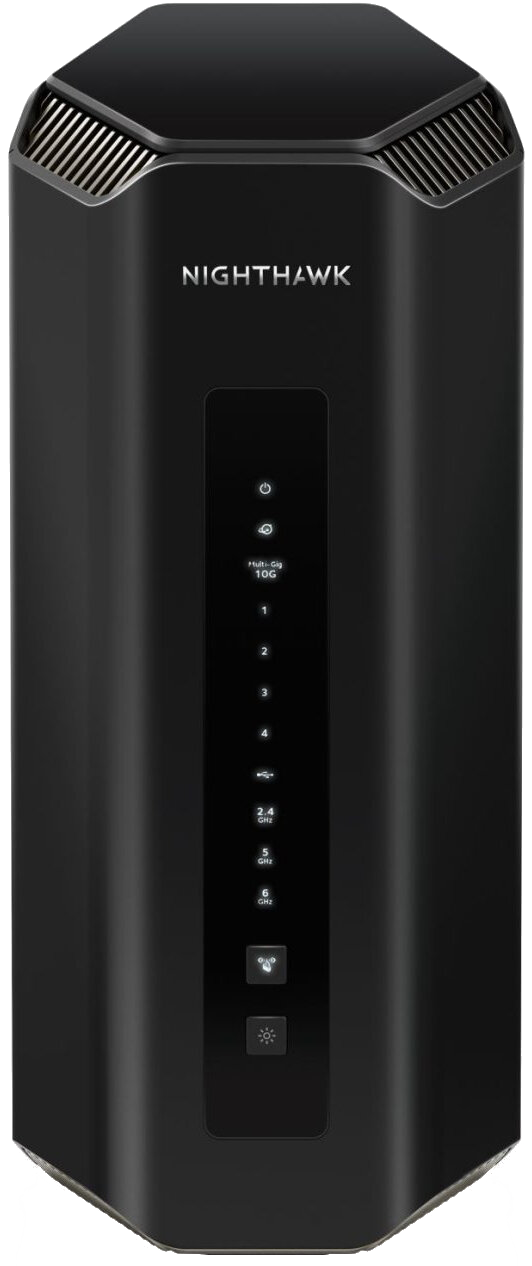 Czarny router Nighthawk z otworami wentylacyjnymi i pionowym panelem wyświetlacza LED.