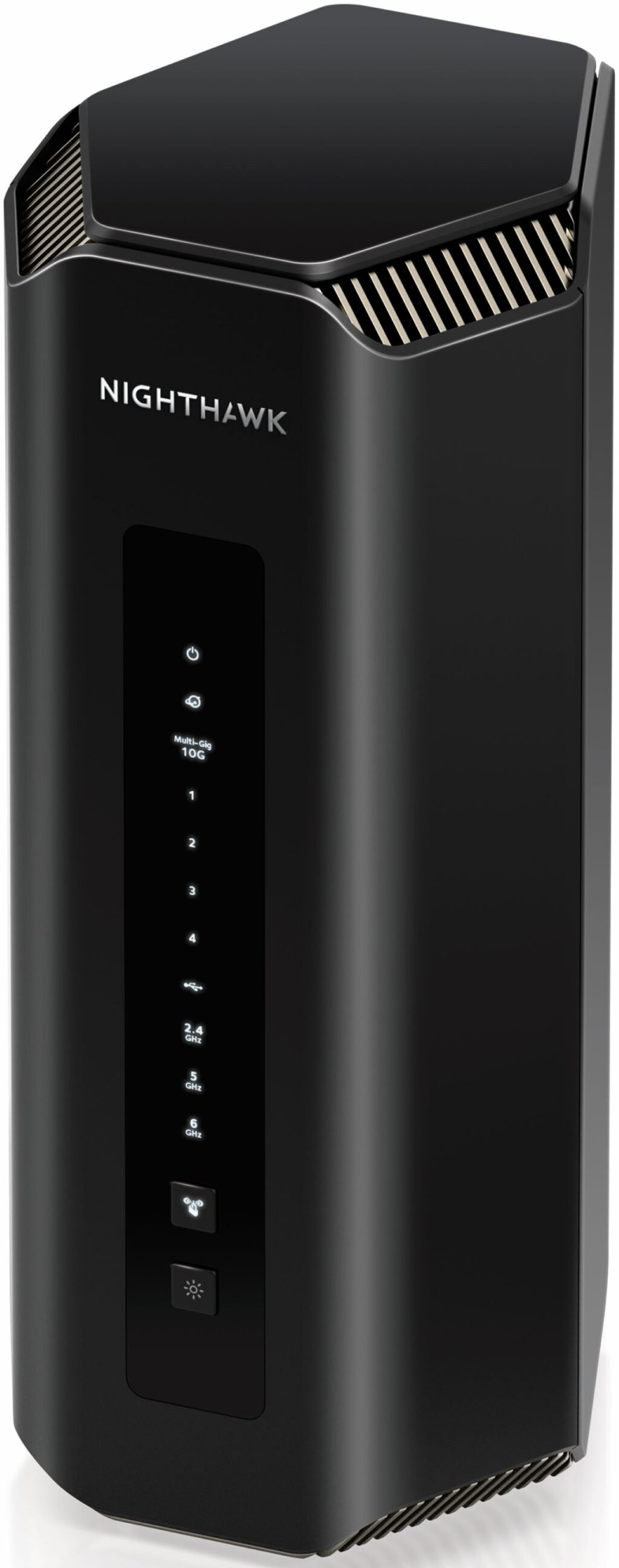 Czarny router Nighthawk z podświetlanymi ikonami zasilania, multi-gigabit i częstotliwości.