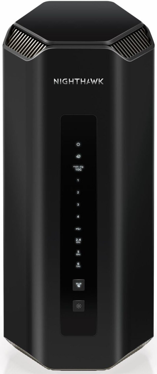 Czarny router Nighthawk z otworami wentylacyjnymi i wskaźnikami LED.