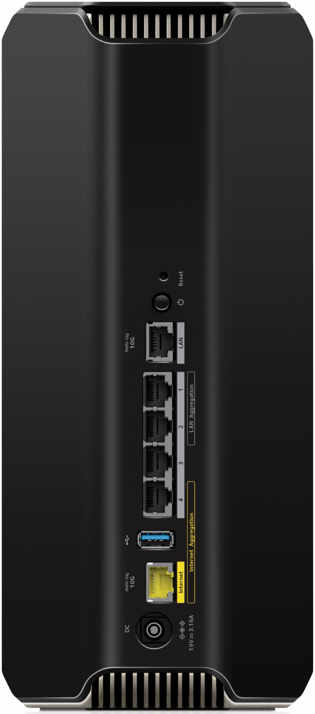 Czarny router z portami: LAN, Internet, USB, zasilanie DC i przycisk Reset.