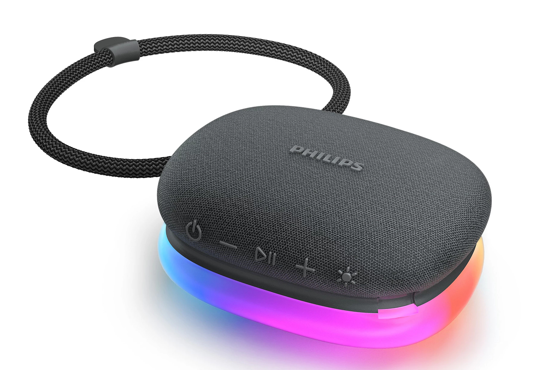 Szary głośnik Philips z oświetleniem RGB i sznurkiem.