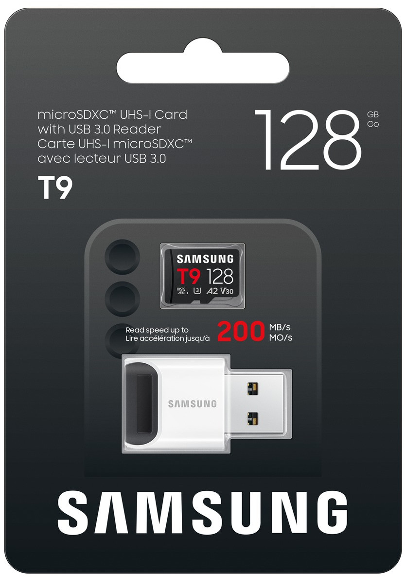 Karta Samsung microSDXC T9 128GB z czytnikiem USB 3.0, prędkość odczytu 200MB/s.