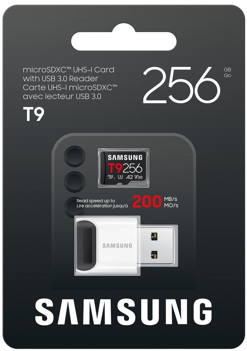 Karta Samsung T9 256 GB microSDXC z czytnikiem USB 3.0, prędkość odczytu 200 MB/s.