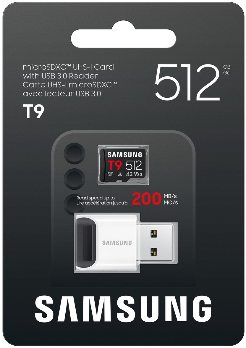 Karta Samsung T9 microSDXC 512GB UHS-I z czytnikiem USB 3.0, prędkość odczytu 200MB/s.