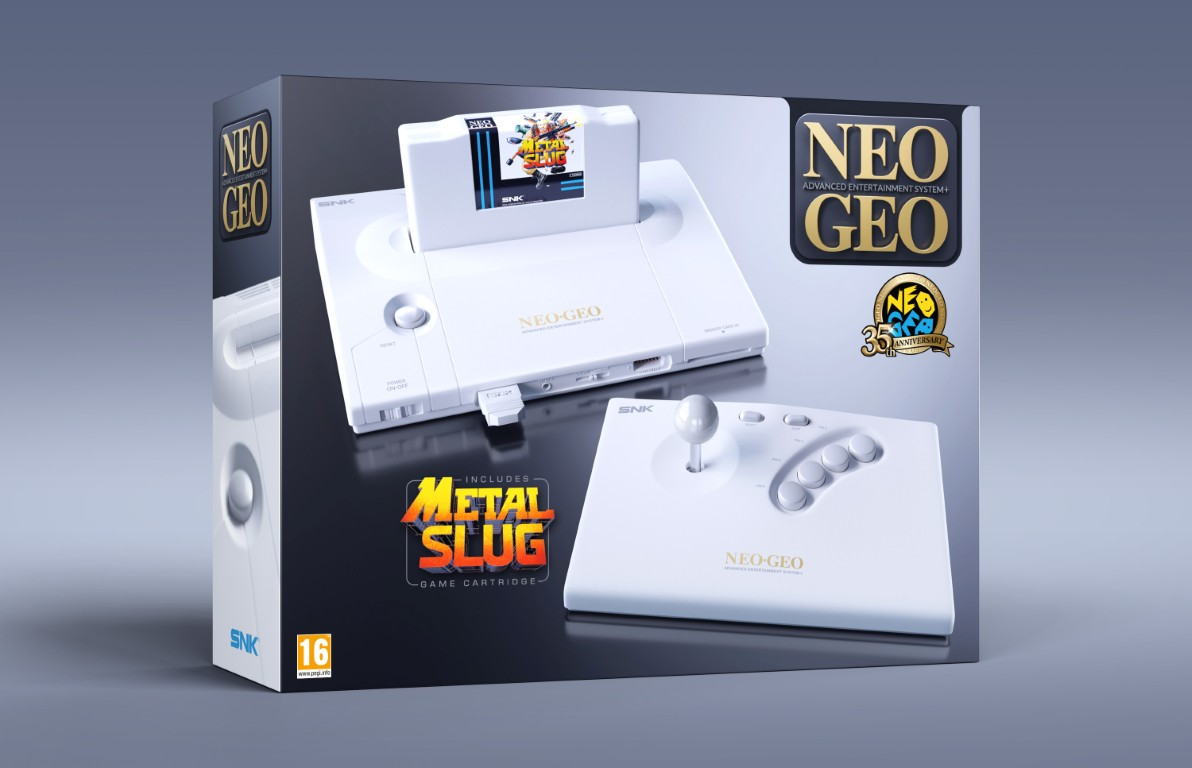 Opakowanie konsoli Neo Geo z grą Metal Slug i kontrolerem.