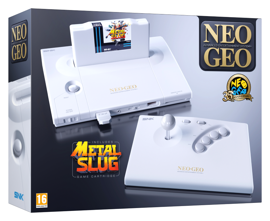 Biała konsola Neo Geo z kartridżem Metal Slug i kontrolerem.